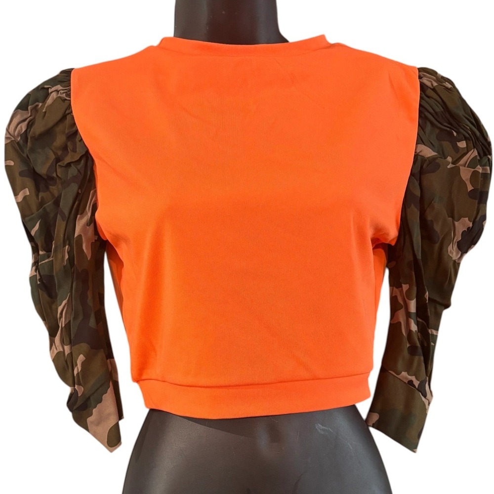 Orange Camo Puff Sleeve Crewneck Top Ruched Military Print Blouse Medium - Picture 3 of 6